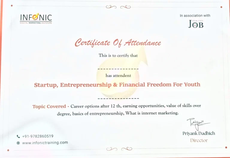 Sample certificate of attendance from an Infonic Training workshop