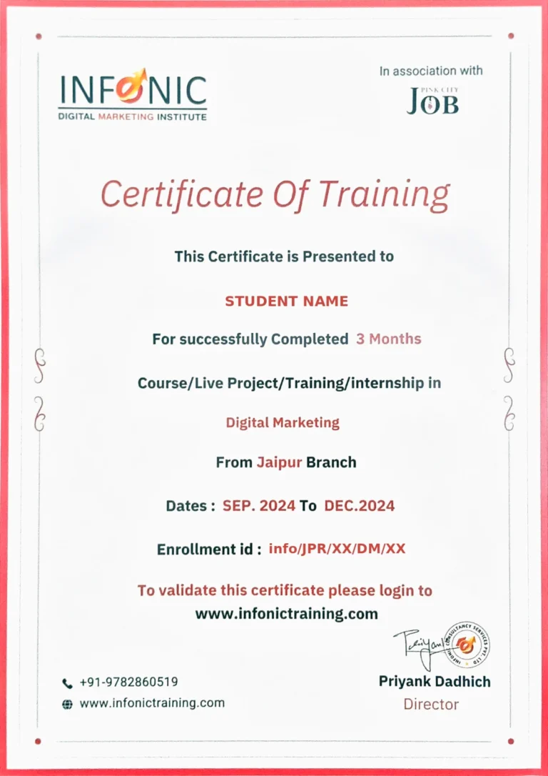 Sample certificate of training issued by Infonic Training, Jaipur, with enrollment ID
